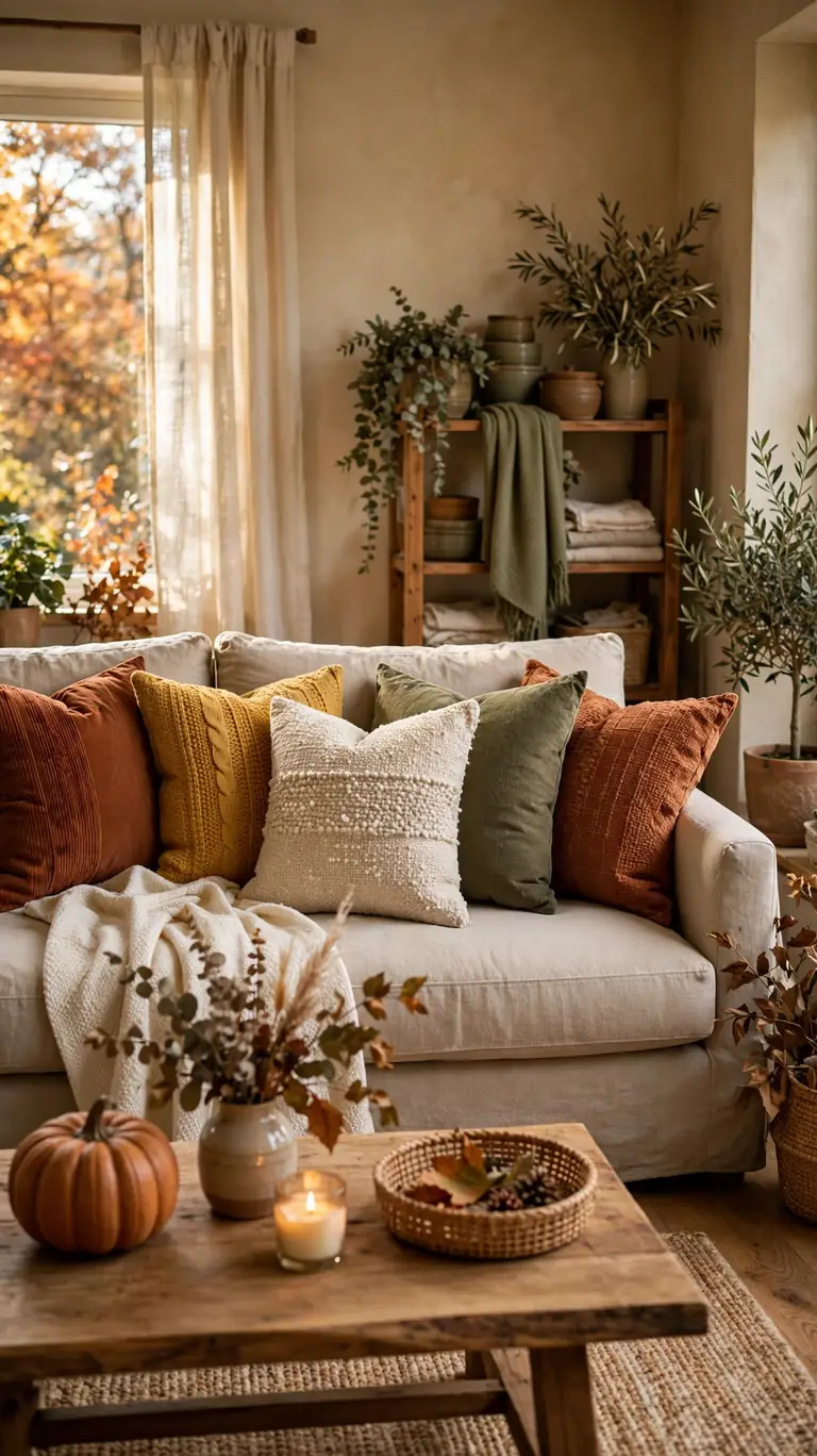 20 Warm Fall Living Room Decor Ideas for Cozy Nights In 3 Swap in Warm-Toned Throw Pillows