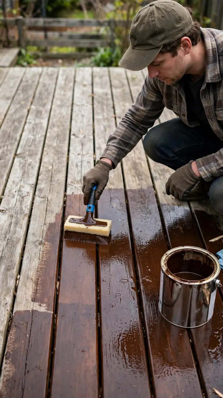 Person brushing fresh stain onto wooden deck boards for a rich even finish.