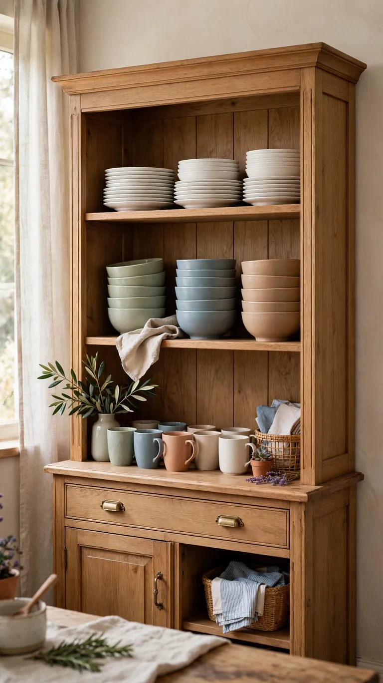 Hutch shelves neatly styled with stacked white everyday plates, cereal bowls, and mugs in coordinating colors.