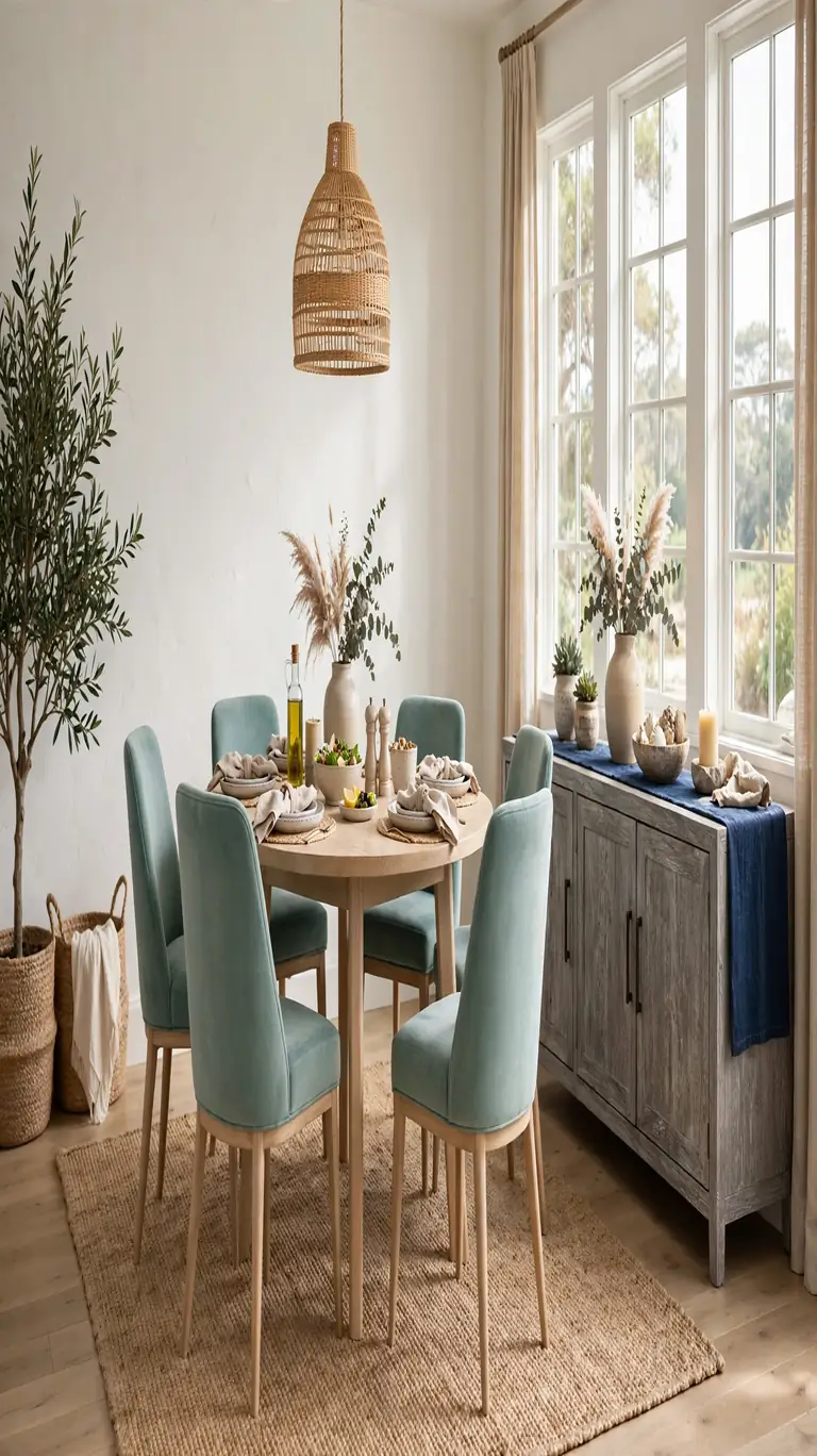 Dining room showing a layered coastal palette with warm white walls, seafoam chairs, and a sand-colored jute rug.