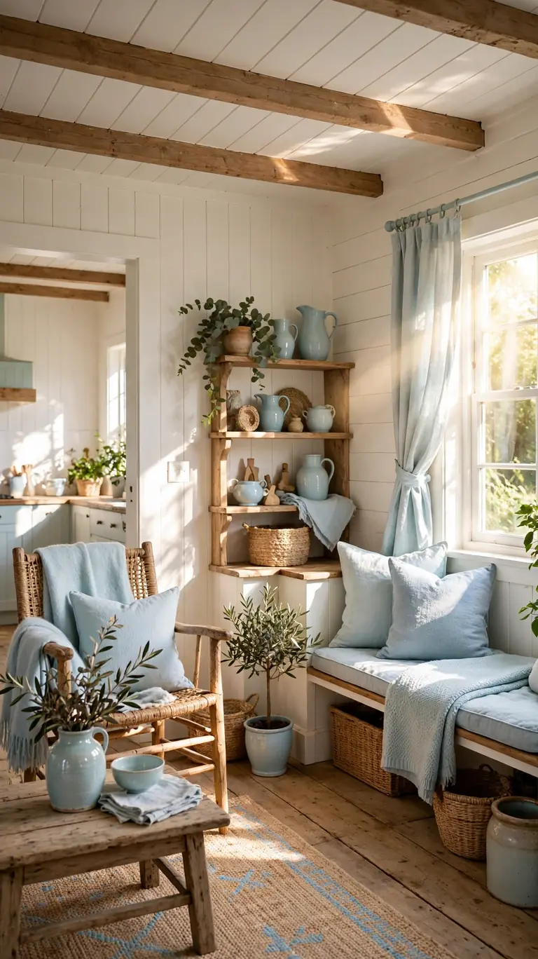 21 Small Lake Cottage Interior Design Ideas That Feel Cozy and Inviting 3 Small cottage interior with warm white painted walls and ceiling, pale blue accents, and sunlight bouncing into every corner.