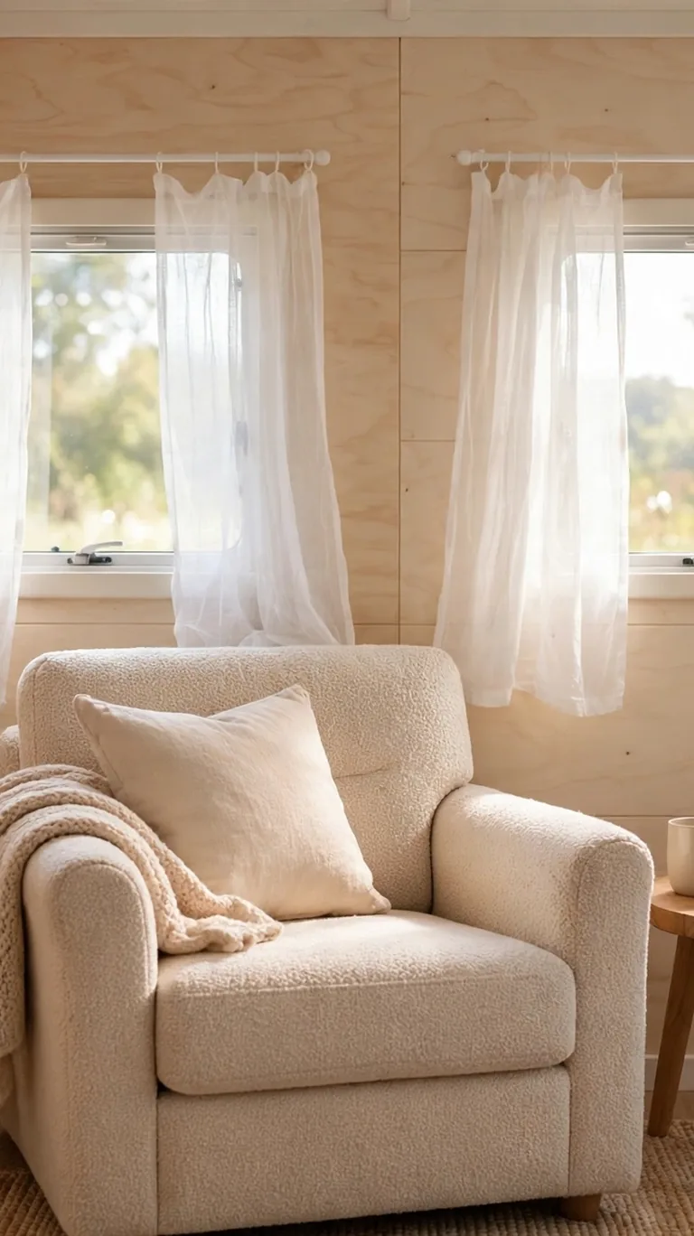 Sheer white linen-look curtains filtering daylight into a small caravan living area.
