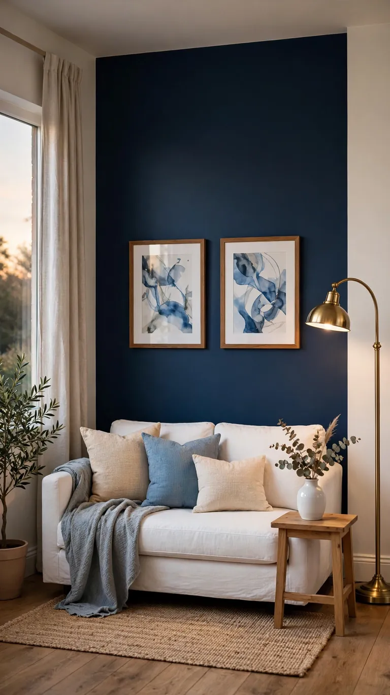 Living room with a navy blue accent wall behind a white sofa and framed art.