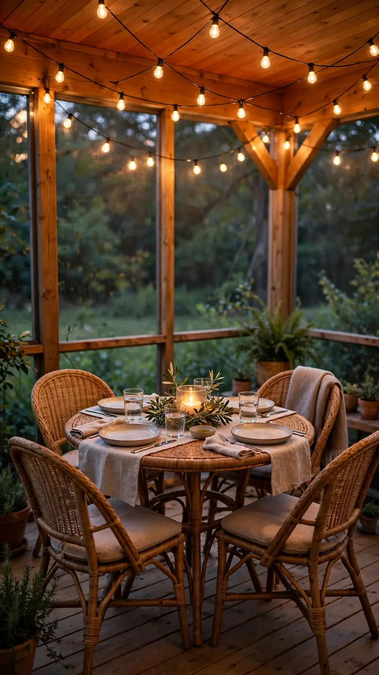 Small round outdoor dining table with four chairs set for dinner on a screened porch, with a candle centerpiece and string lights above.