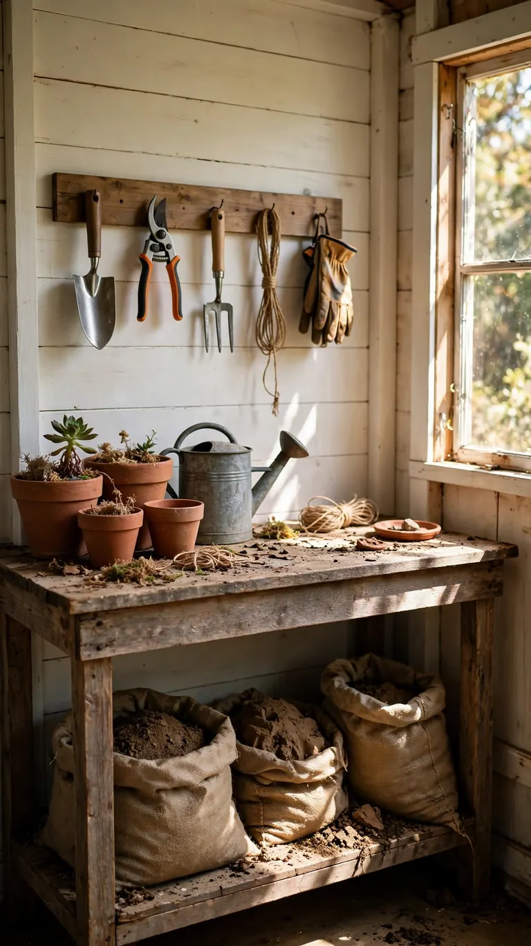 A wooden potting bench inside a shed against a bright wall with terracotta pots, soil bags on a lower shelf, and hand tools hanging on a backboard.