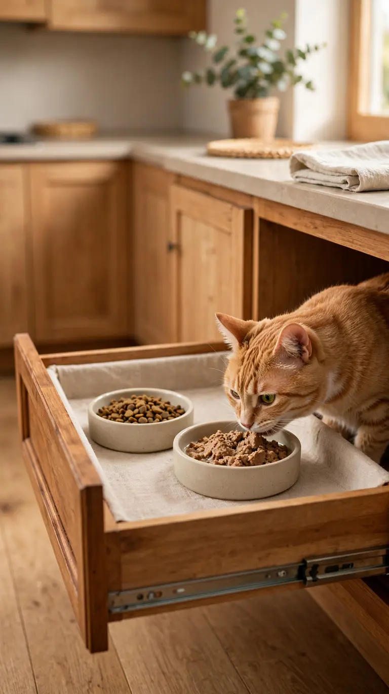 16 Clever Cat Food Station Ideas to Keep Your Home Organized 3 A low kitchen drawer pulled open to reveal a lined feeding station with two shallow cat bowls set for feeding.