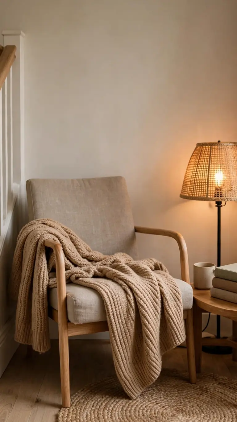 Cozy reading nook on a stair landing with a linen armchair, a chunky knit throw, a round wooden side table with books, and a glowing rattan floor lamp.