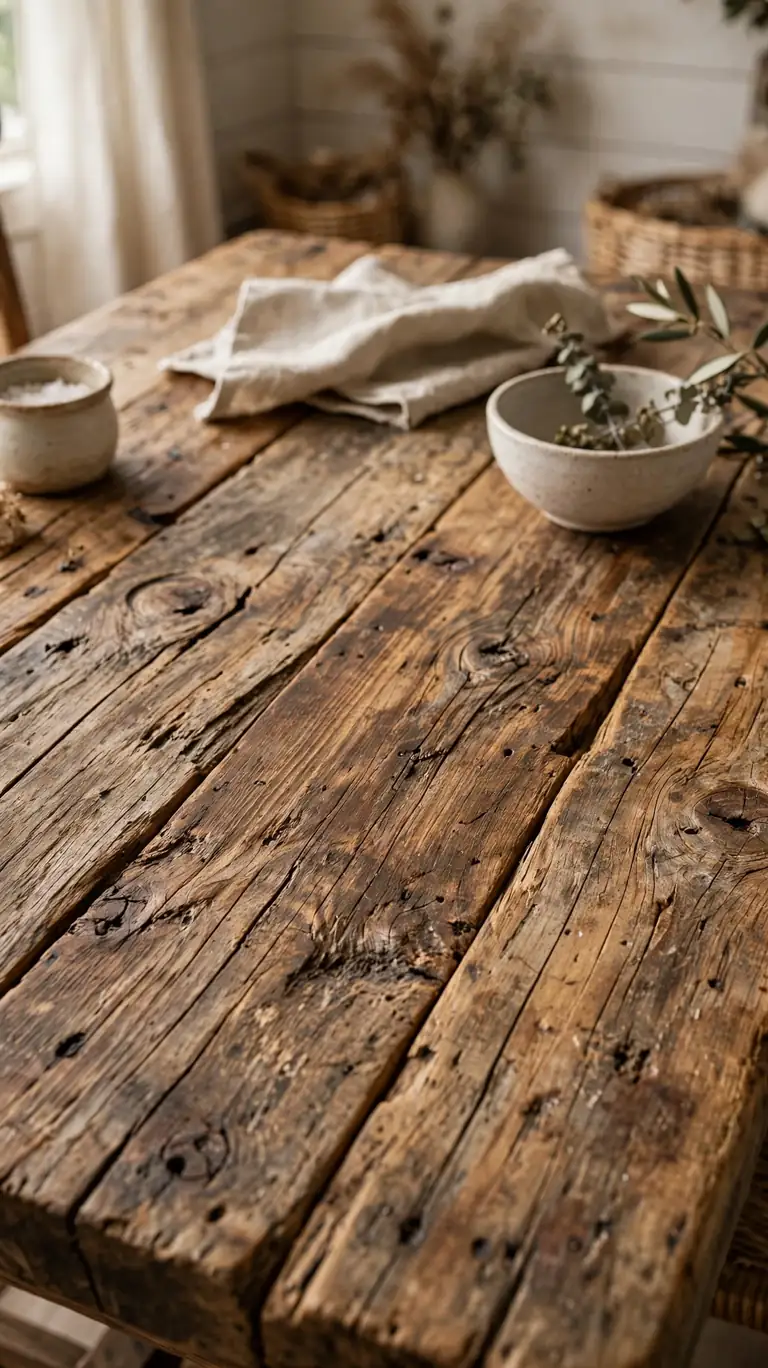 Close view of a rustic reclaimed wood dining table top showing natural grain, knots, and a matte finish in a farmhouse dining room.