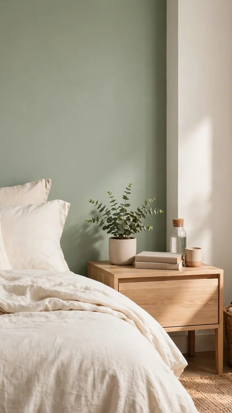 Teen bedroom with a sage green accent wall behind the bed, framed by cream bedding and wood furniture.
