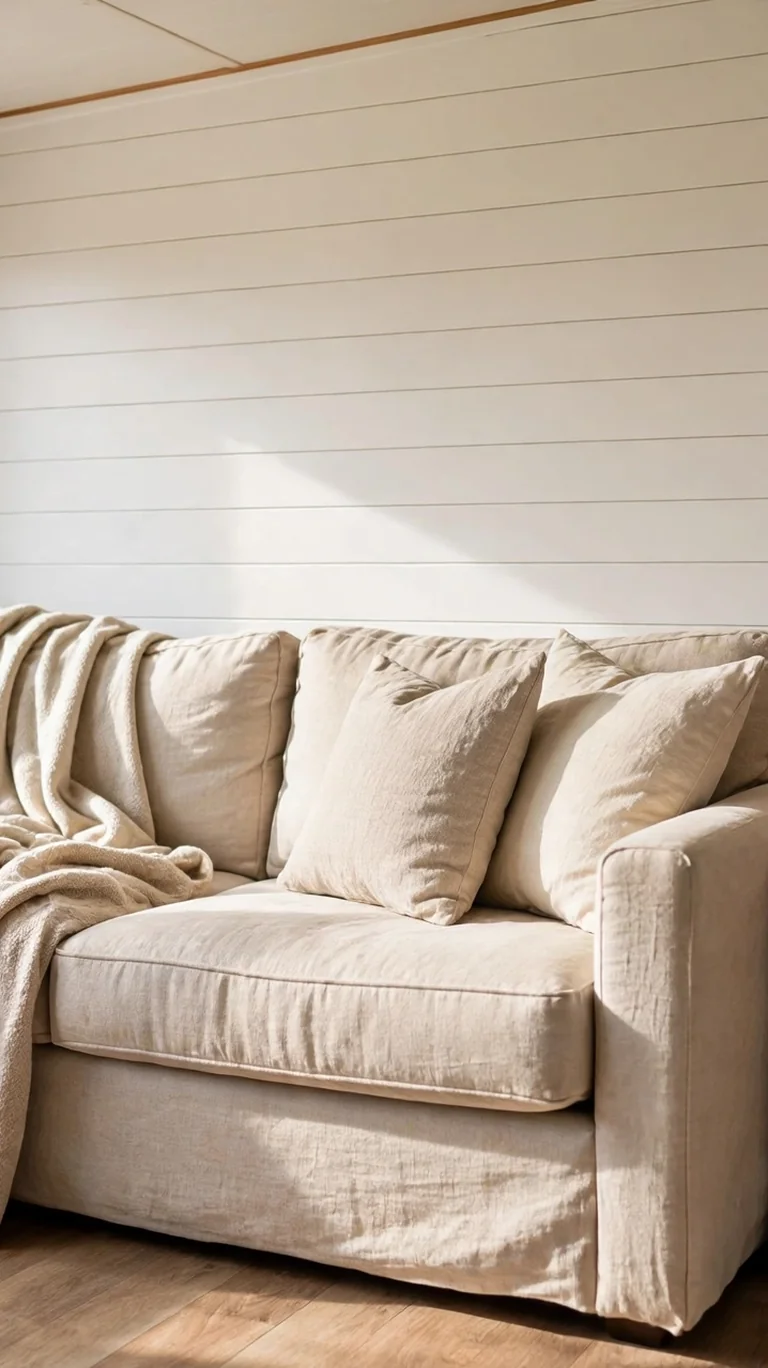 17 Trailer Decor Ideas to Make Your Mobile Home Feel Cozy and Stylish 3 A white shiplap accent wall behind a sofa in a cozy trailer living room.