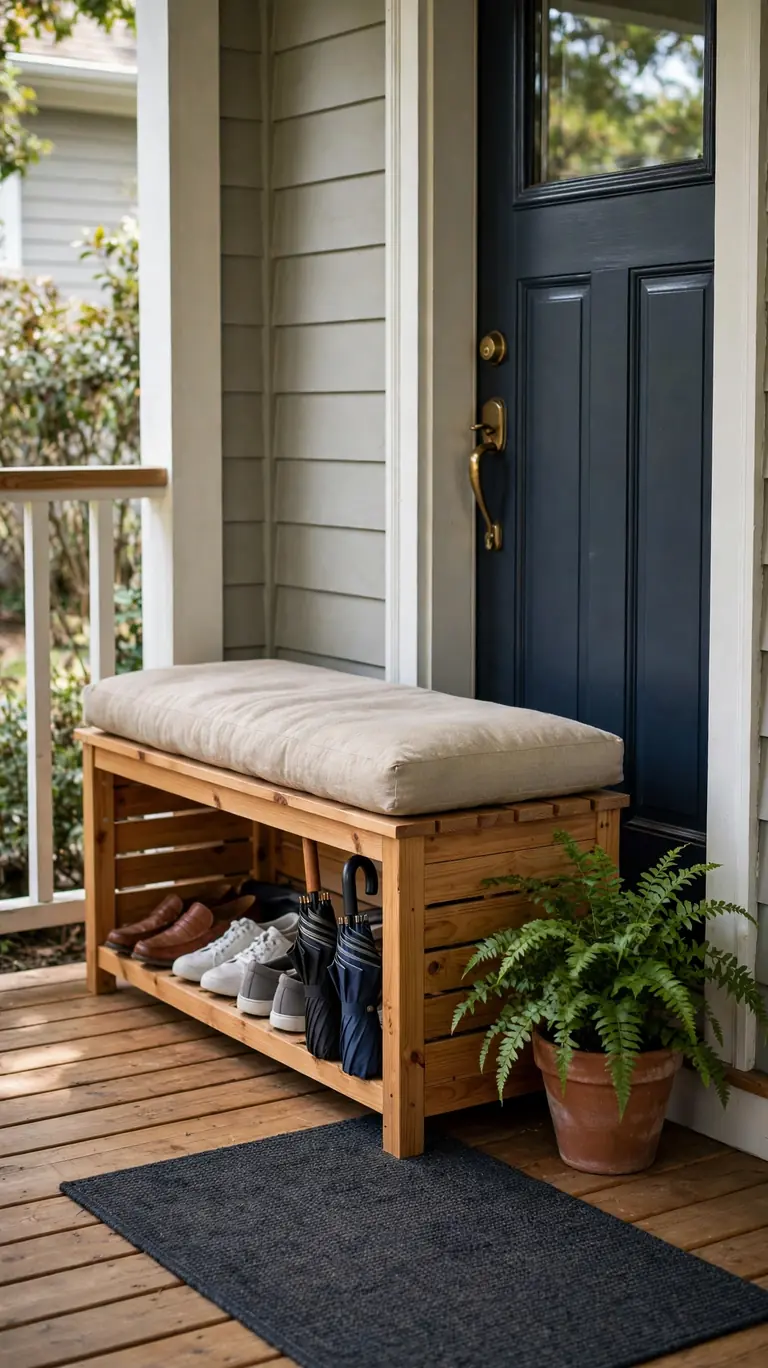 Slim wooden storage bench with a cushion beside a front door on a small porch, with shoes, an umbrella, and a potted plant.