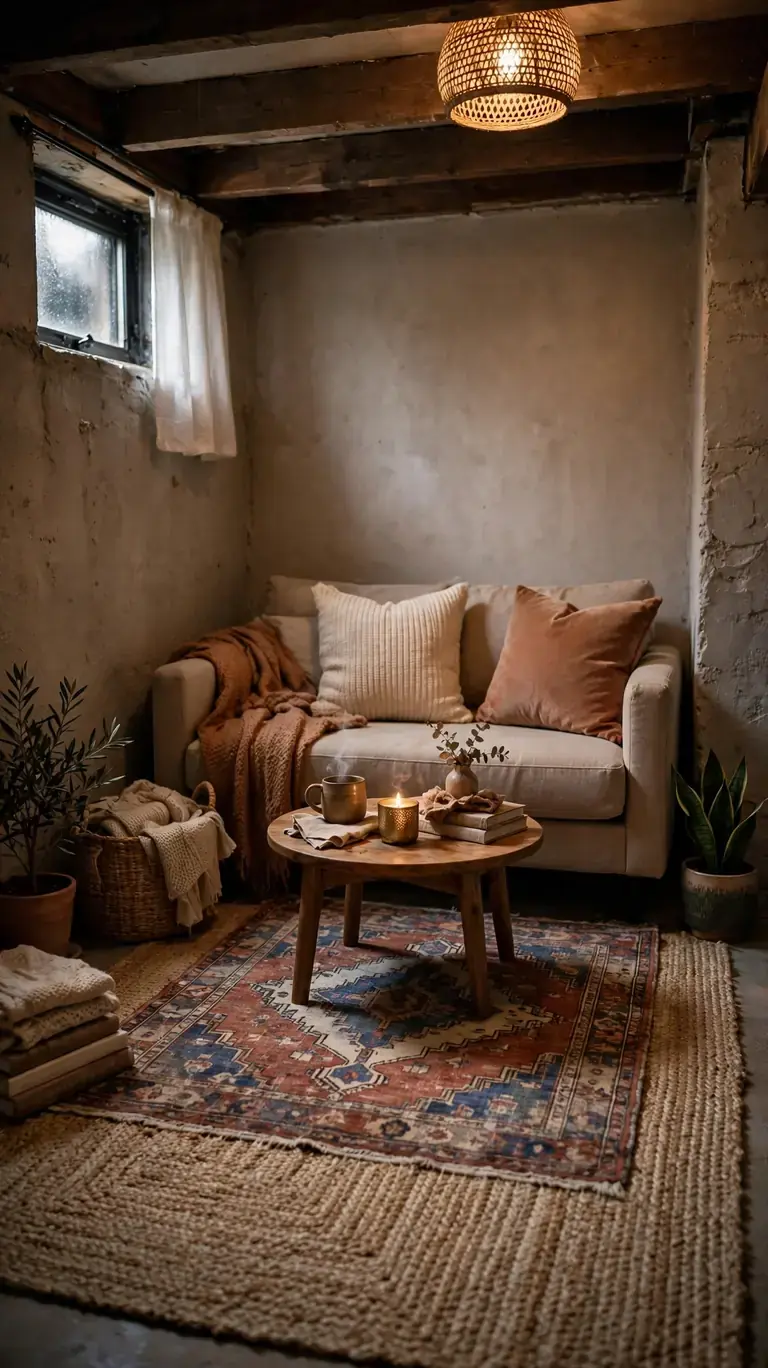 19 Small Basement Ideas to Make the Most of Any Space 3 Layered area rugs defining a seating zone in a small basement living space.