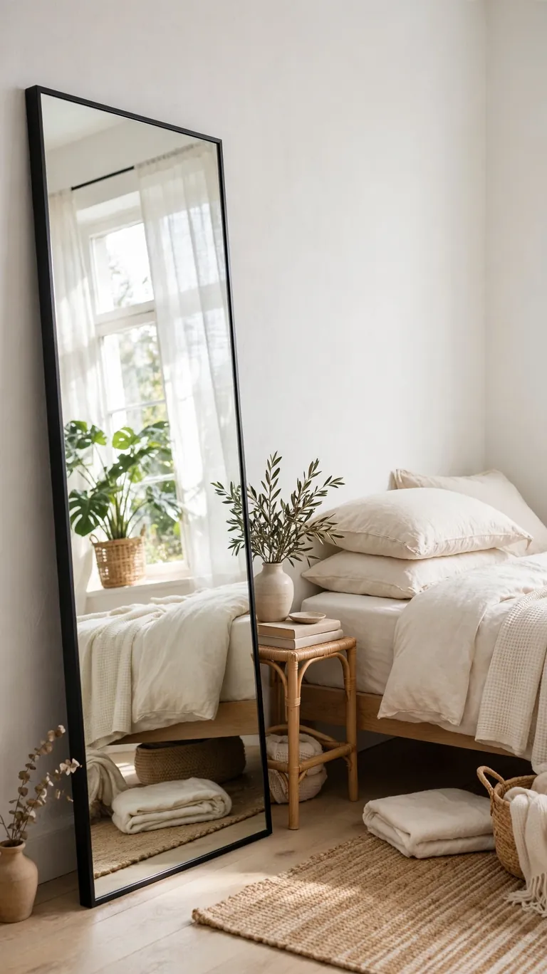 Large full-length mirror in a small bedroom reflecting a bright window and making the room feel bigger.