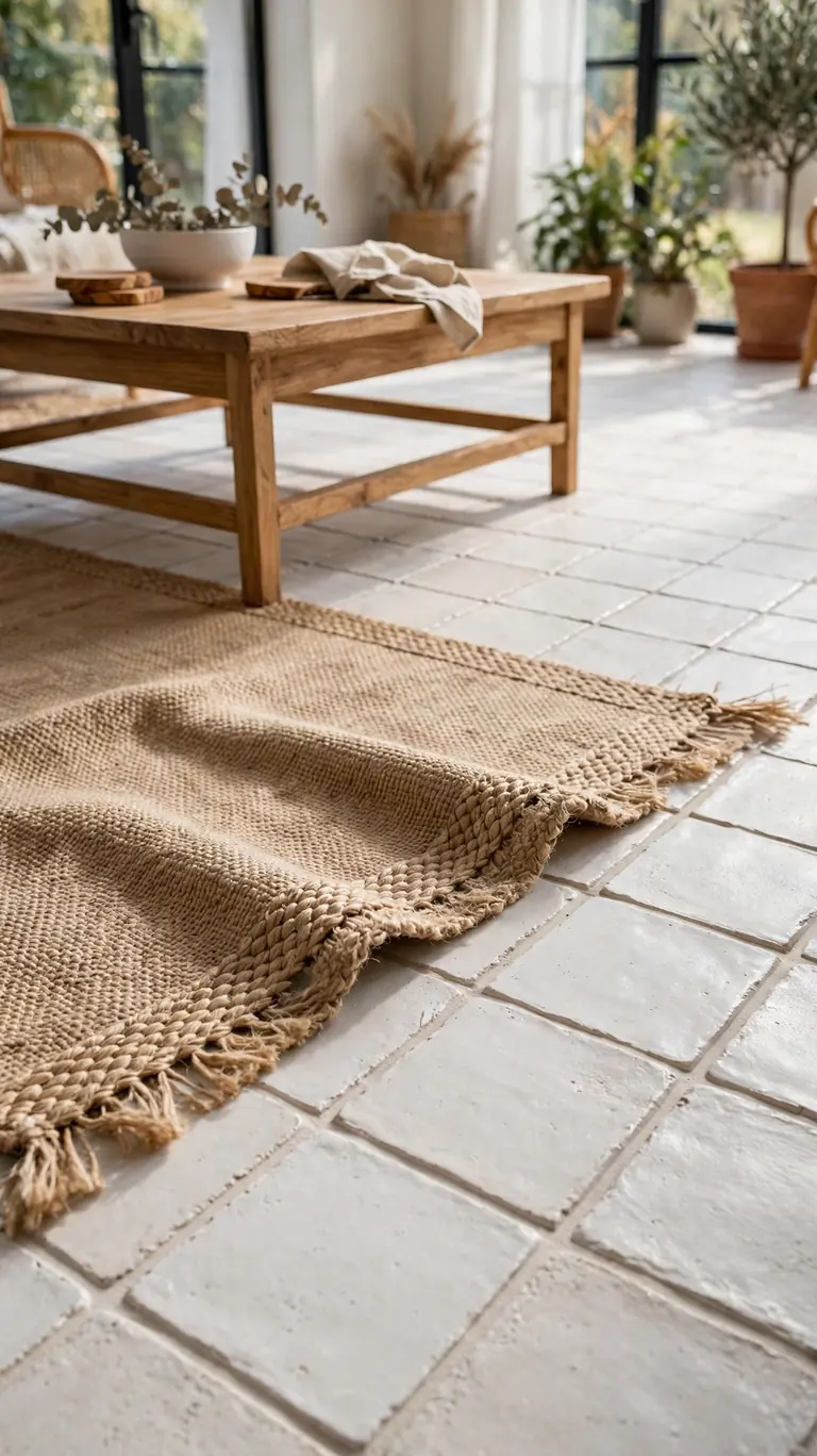 Sunroom floor with handmade-look textured ceramic tiles in soft white, a jute rug, and a wooden coffee table.