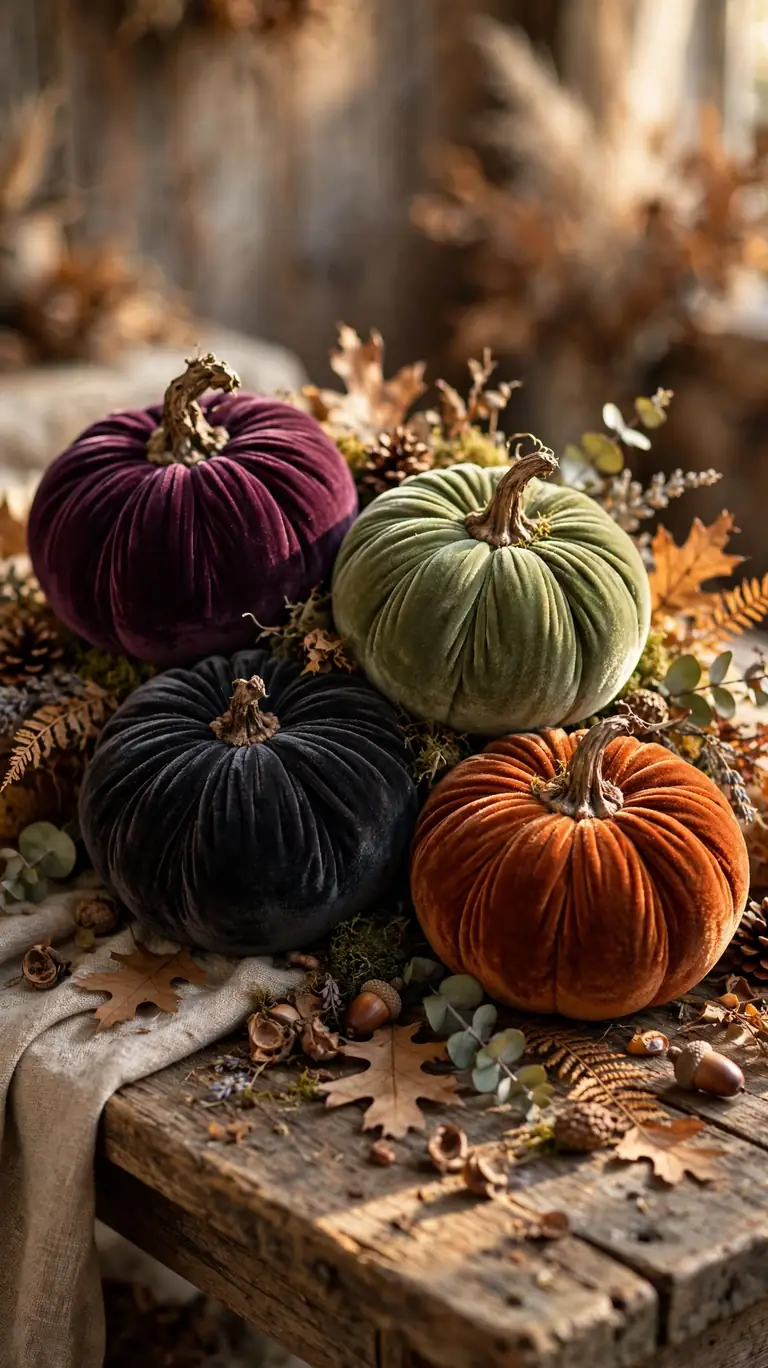 25 Stylish Halloween Decor Ideas That Are Chic, Not Cheesy 3 Velvet Pumpkins in Moody Tones