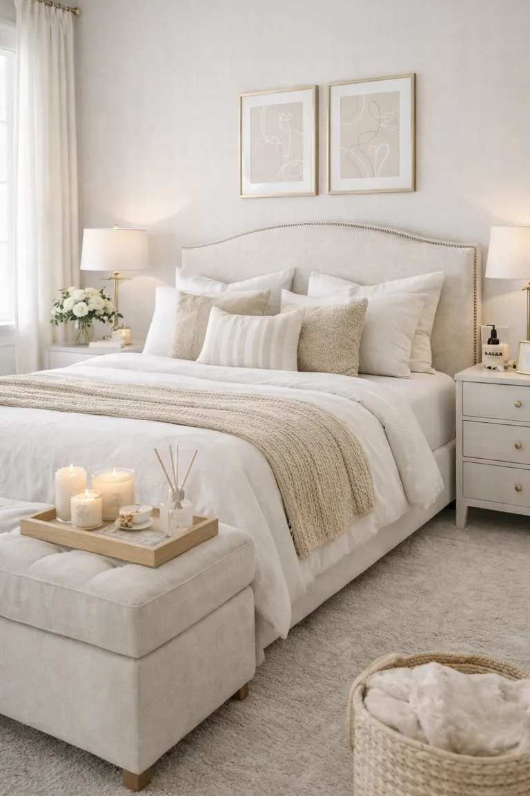 20 Renter-Friendly Bedroom Ideas for a Cozy Space Without Painting 21 Tidy cream and white rental bedroom with a neatly made bed and matching nightstands