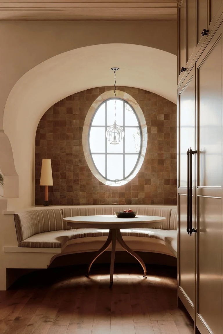 25 Stunning Accent Wall Ideas for Every Room and Style 21 A sunlit breakfast nook with a curved striped banquette bench and round pedestal table beneath a full wall of brown autumn Zellige-style square tiles around a large oval window, with a wire pendant light and wood flooring