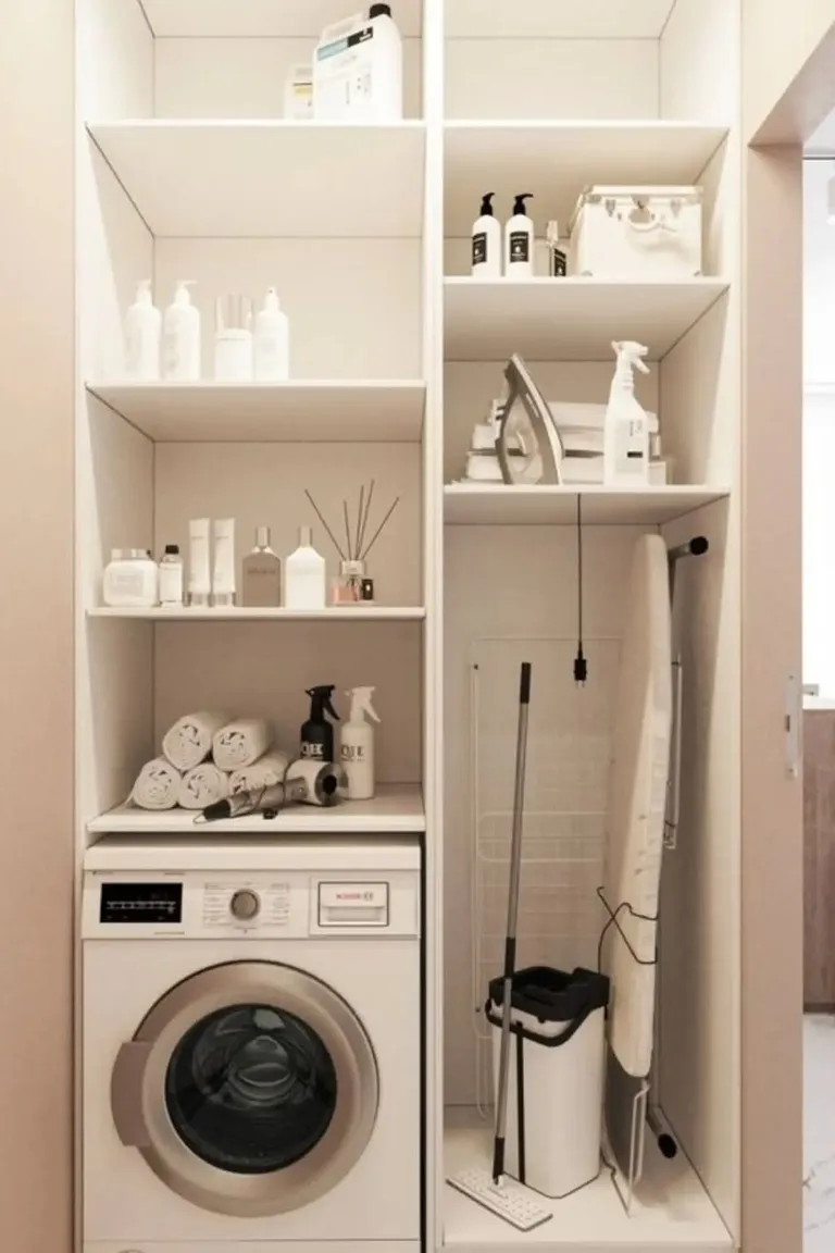 High laundry shelf with cleaning products in original containers above low detergent bottles