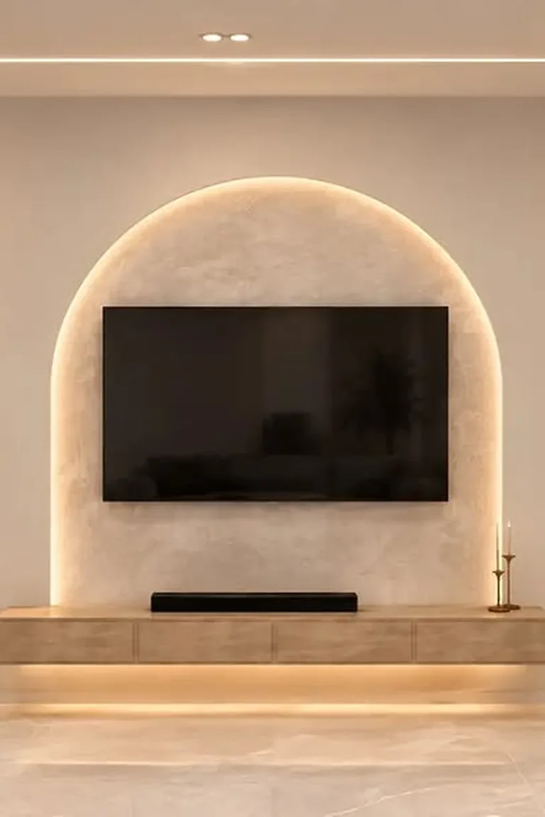 A television mounted inside an illuminated arched wall niche with a floating wooden console below and a two tone wall around it.