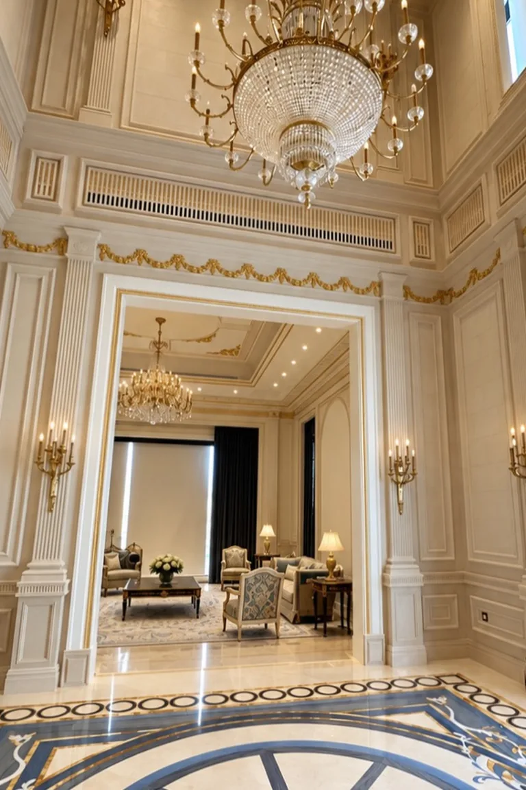 Grand foyer with full height cream paneling, gold trim, and a large crystal chandelier