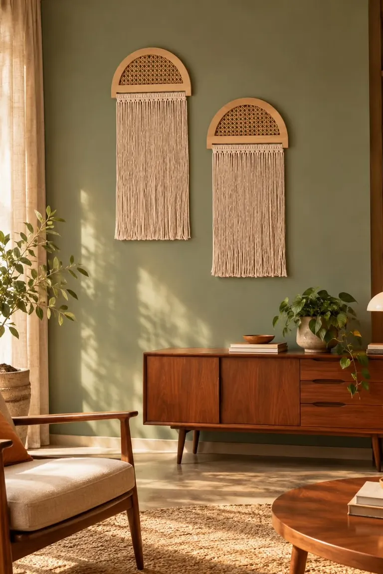 25 Stunning Accent Wall Ideas for Every Room and Style 25 Boho living room with a sage green wall decorated with two arched cane-topped macrame wall hangings, an armchair, a sideboard and plants