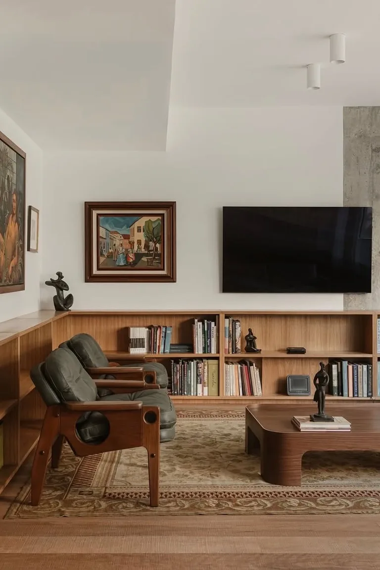 A full media wall with a long wooden bookshelf unit beneath a wall mounted television and two green leather armchairs in front.