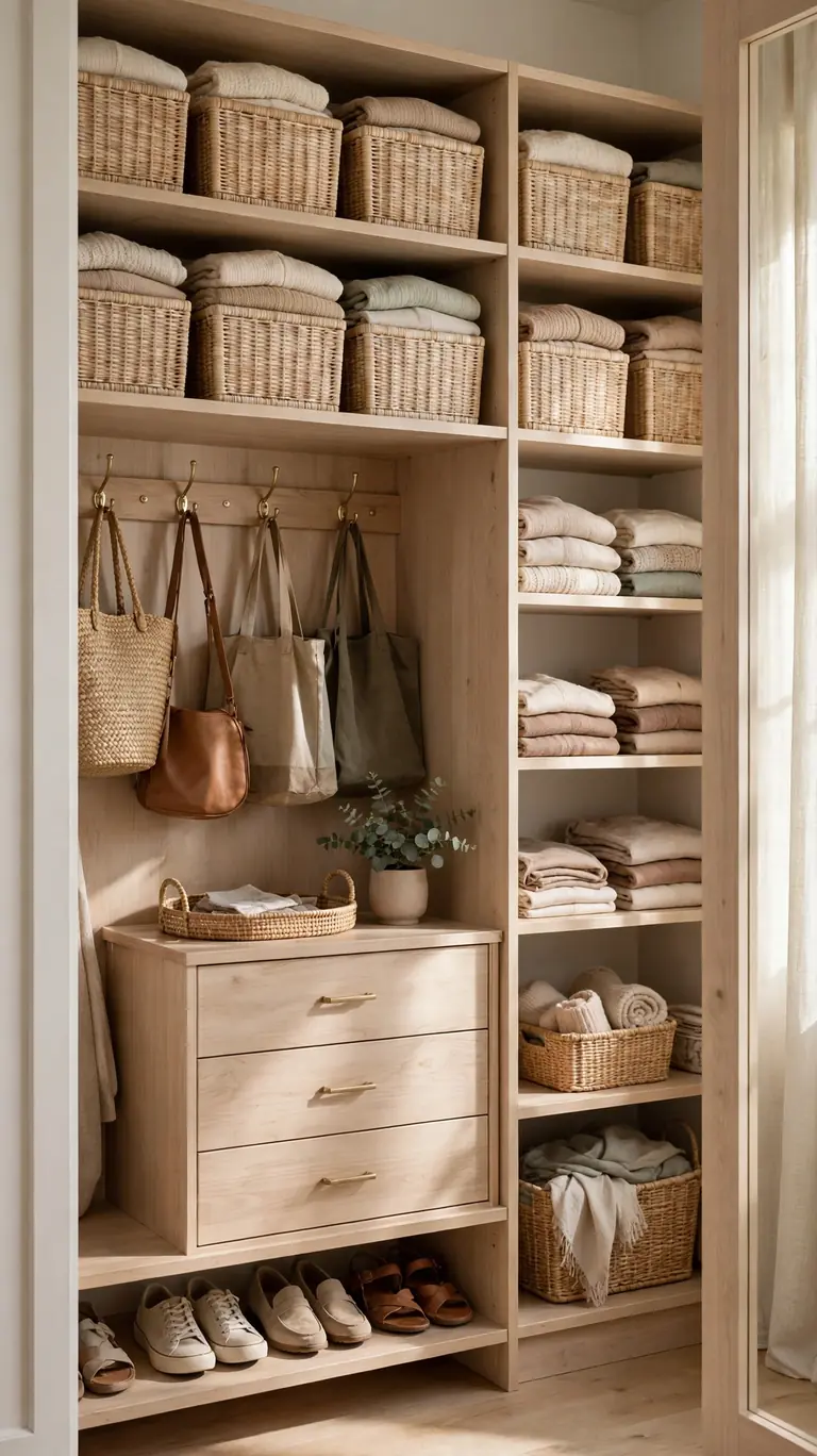 Organized closet where every category of item has one labeled spot.