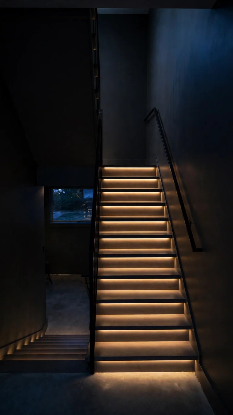 Warm LED strip lights glowing under each tread of basement stairs at night.