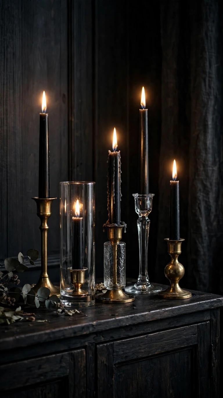 25 Stylish Halloween Decor Ideas That Are Chic, Not Cheesy 4 Black Taper Candles in Mixed Holders