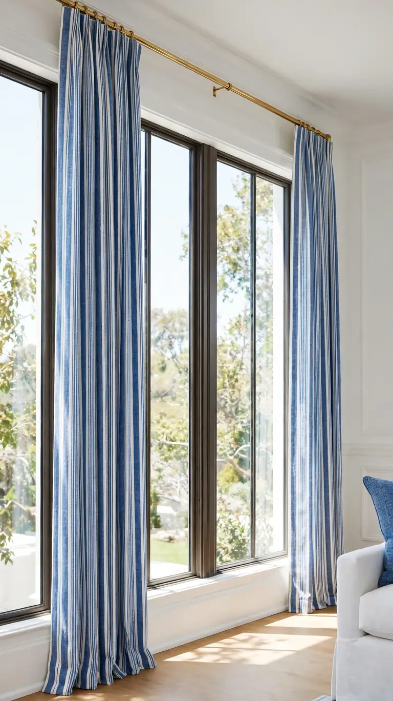 Blue and white striped curtains hung high over tall living room windows.