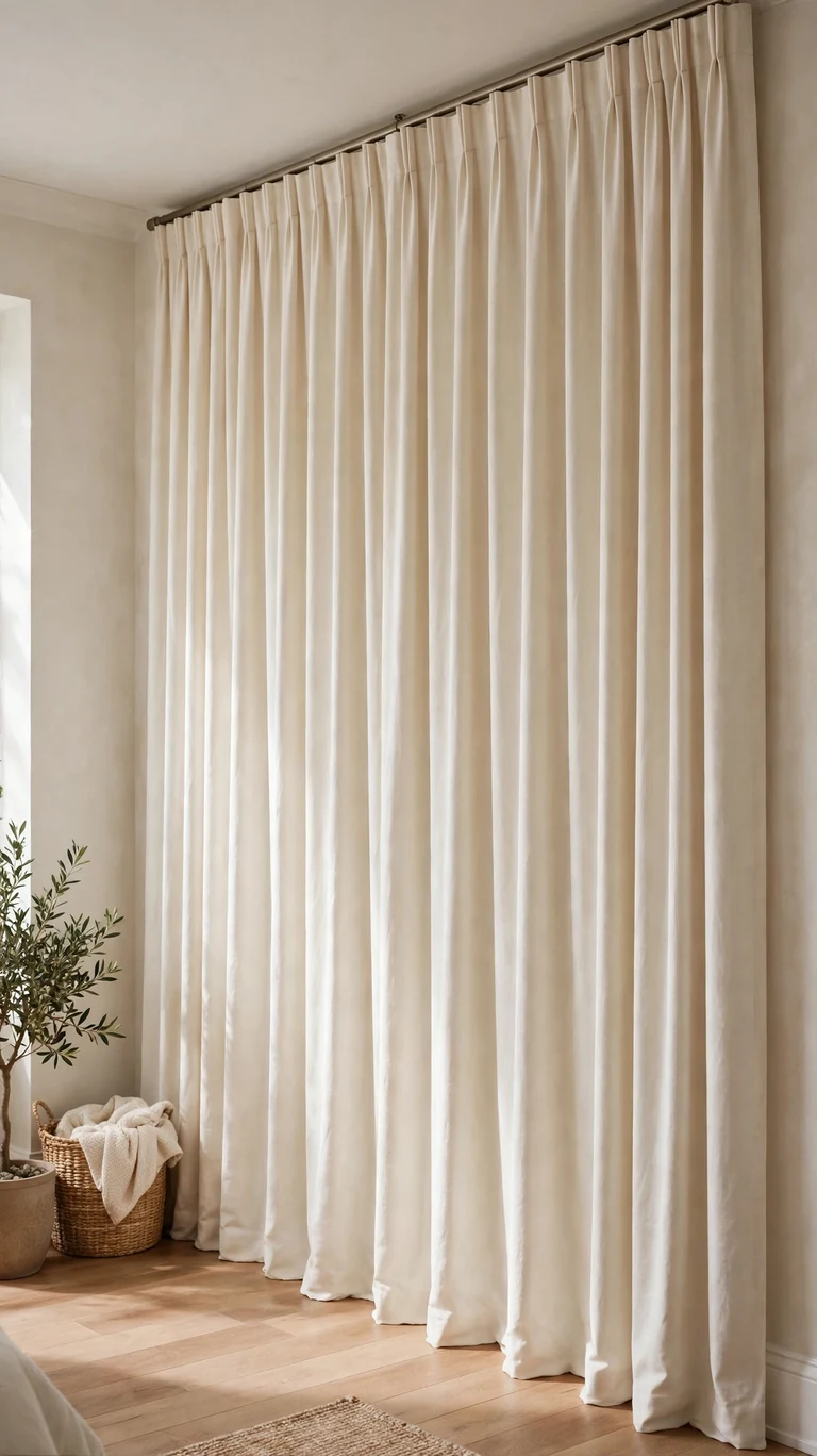 22 Creative Closet Curtain Ideas for a Stylish, Space-Saving Upgrade 4 Tall floor-to-ceiling curtain panels in warm ivory covering a closet wall, mounted just below the ceiling.