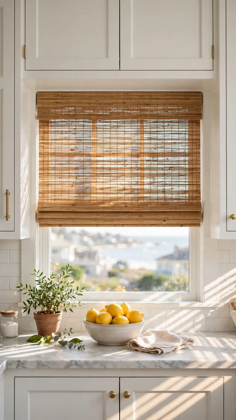 Natural bamboo roman shades half lowered on a bright coastal kitchen window.