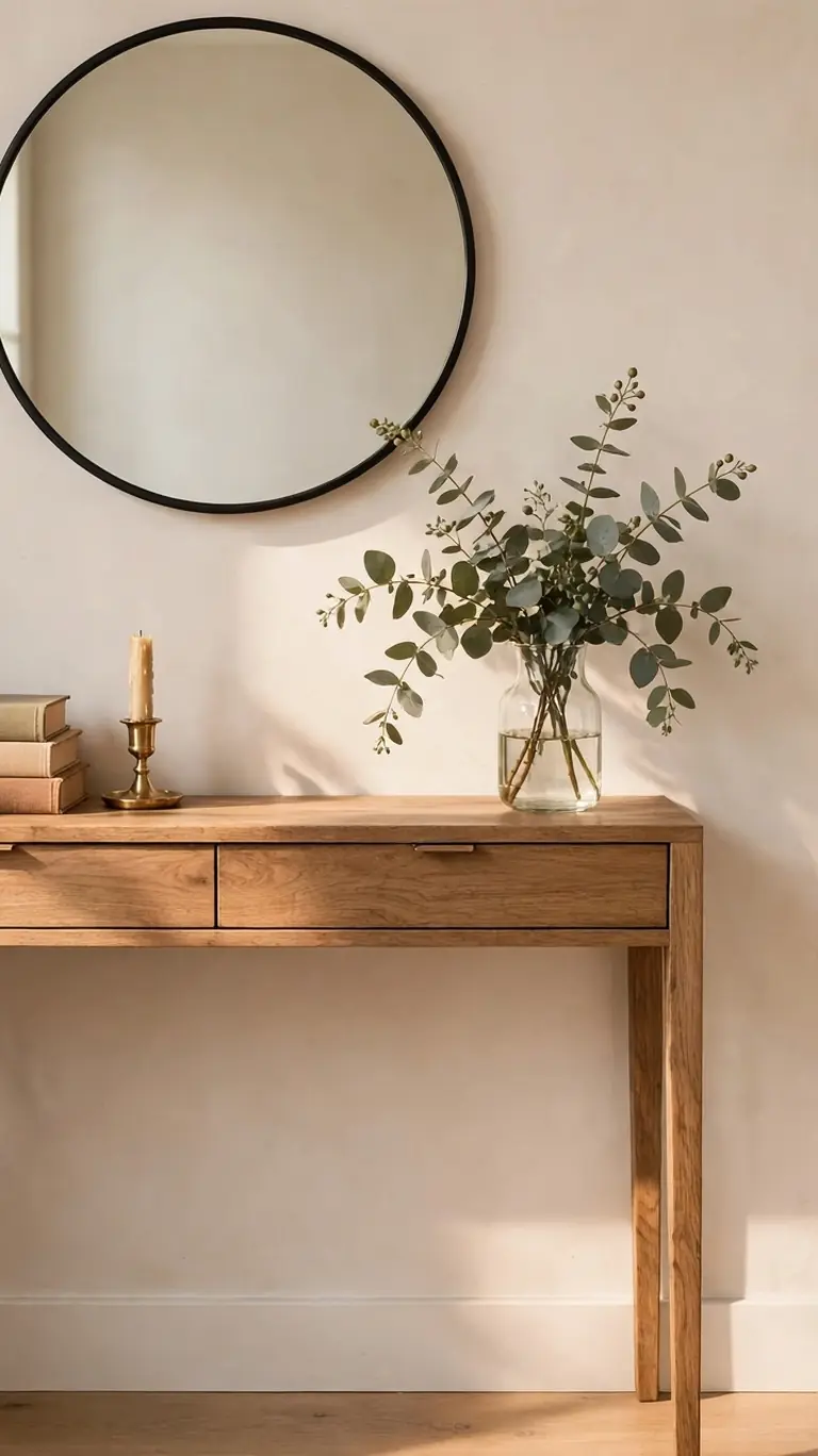 Narrow oak console table under a large round black-framed mirror, styled with stacked books, a brass candle, and a vase of eucalyptus.