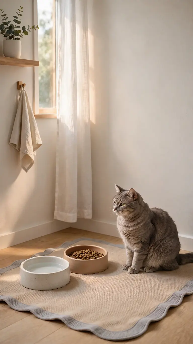 16 Clever Cat Food Station Ideas to Keep Your Home Organized 4 A quiet kitchen corner with a large washable feeding mat and two cat bowls, a cat sitting near the bowls.