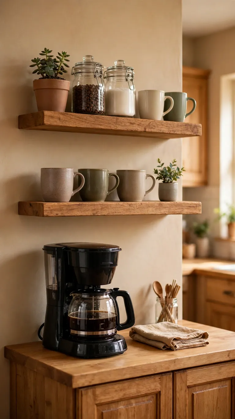 22 Cozy Coffee Bar Ideas for the Cutest Corner at Home 4 Floating Shelves Above the Brewer