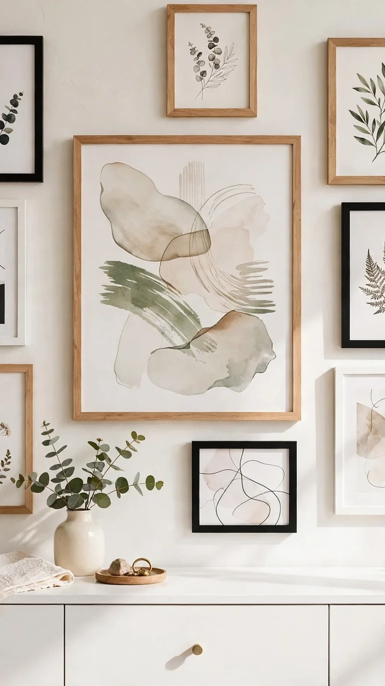 Curated gallery wall of framed art prints in black, white, and wood frames above a teen bedroom dresser.