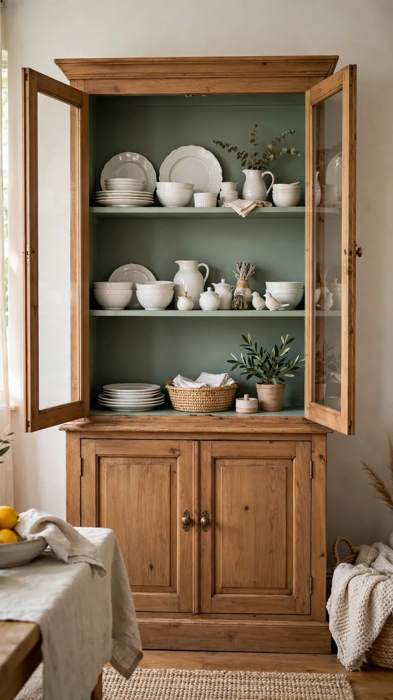 Hutch with a freshly painted sage green back panel making the displayed white dishes and decor pop.