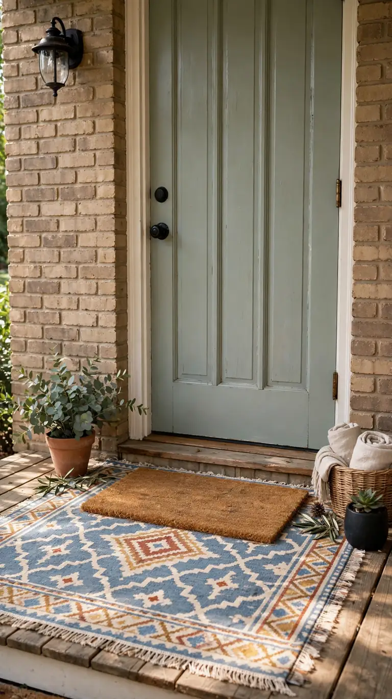 Patterned outdoor rug layered under a coir doormat in front of a painted door on a small front porch.