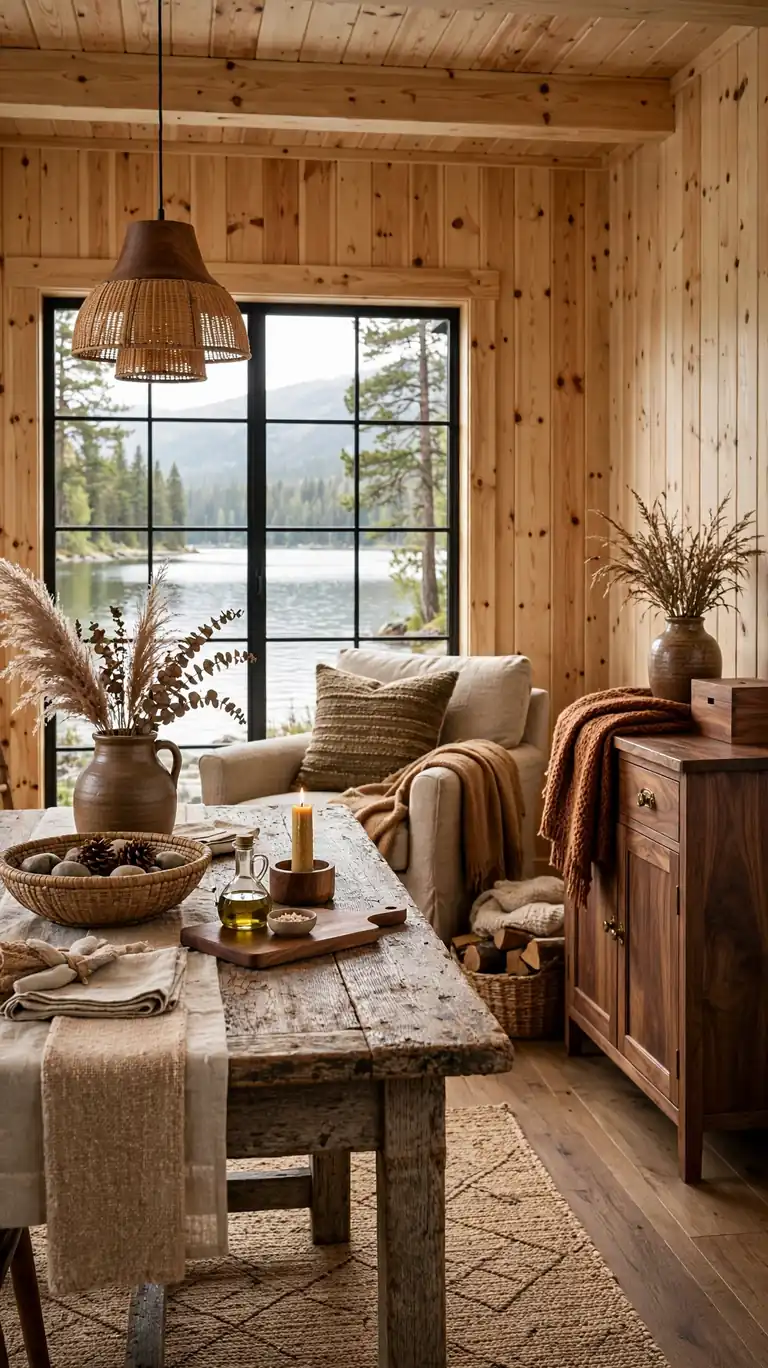 21 Small Lake Cottage Interior Design Ideas That Feel Cozy and Inviting 4 Lake cottage room mixing pine paneling, a weathered oak table, and walnut accents for warm layered wood tones.