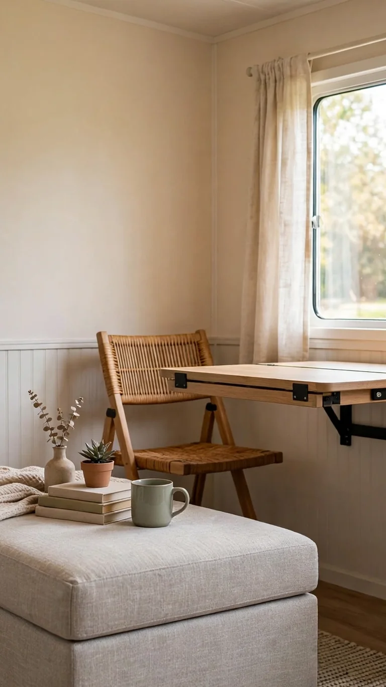17 Trailer Decor Ideas to Make Your Mobile Home Feel Cozy and Stylish 4 A compact trailer living room with a storage ottoman and fold-down dining table doing double duty.
