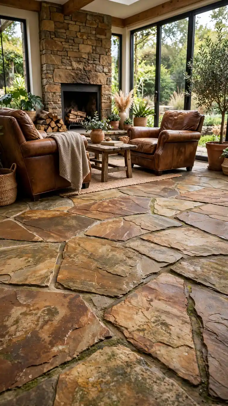 Sunroom with natural flagstone slab flooring in warm earth tones, stone fireplace, and leather armchairs.