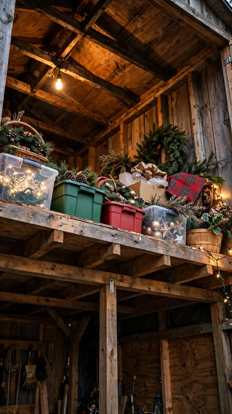 A wooden storage loft built high in a shed with labeled bins and holiday decorations stored above on sturdy 2x4 framing.