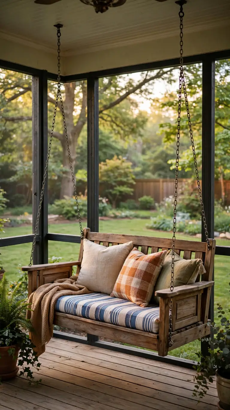 Wooden porch swing with chains hanging from a screened porch ceiling, dressed with a striped cushion and throw pillows, facing the backyard.