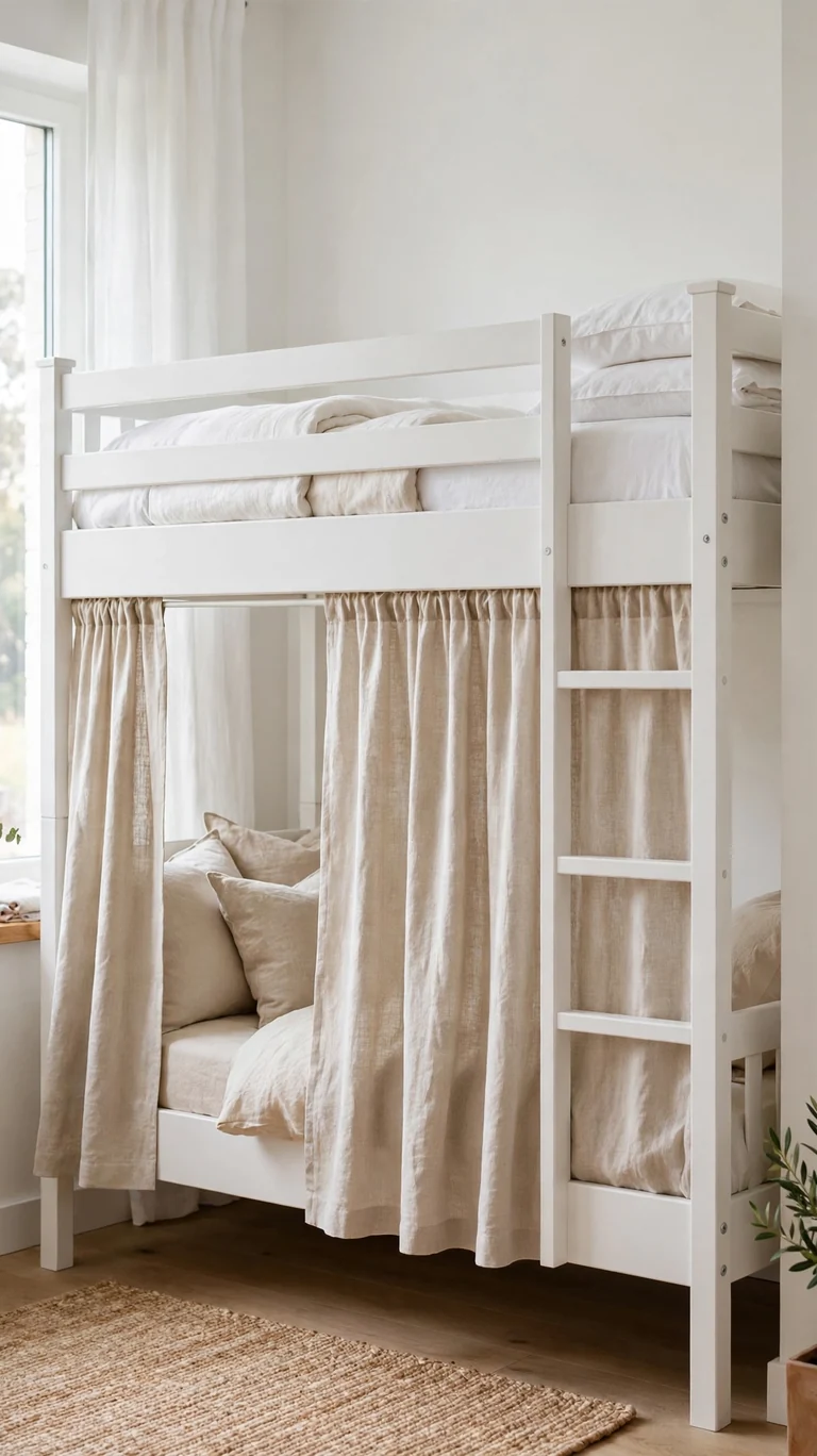 White bunk beds with linen privacy curtains drawn on the lower bunk and soft pillows inside.