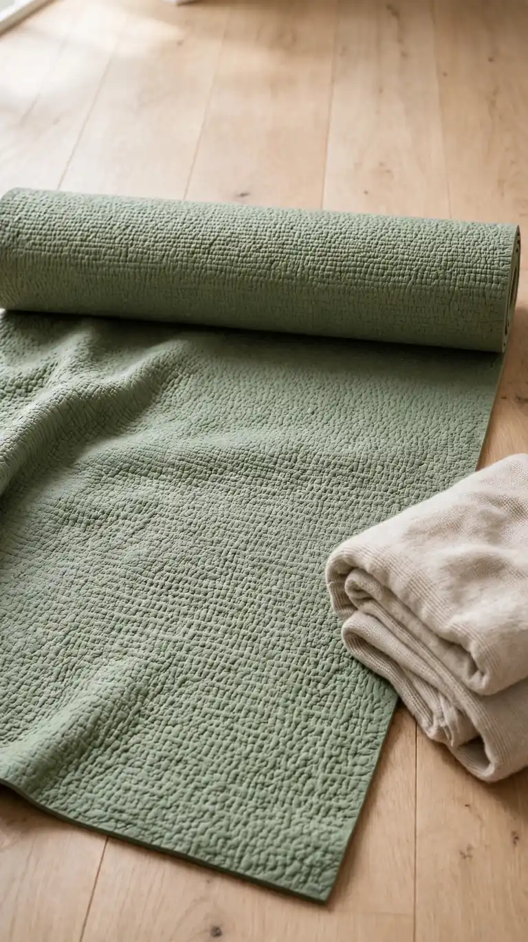 14 Inspiring Yoga Room Ideas for a Peaceful Home Retreat 4 Close-up of a thick textured yoga mat unrolled on a light wood floor with a folded blanket nearby.