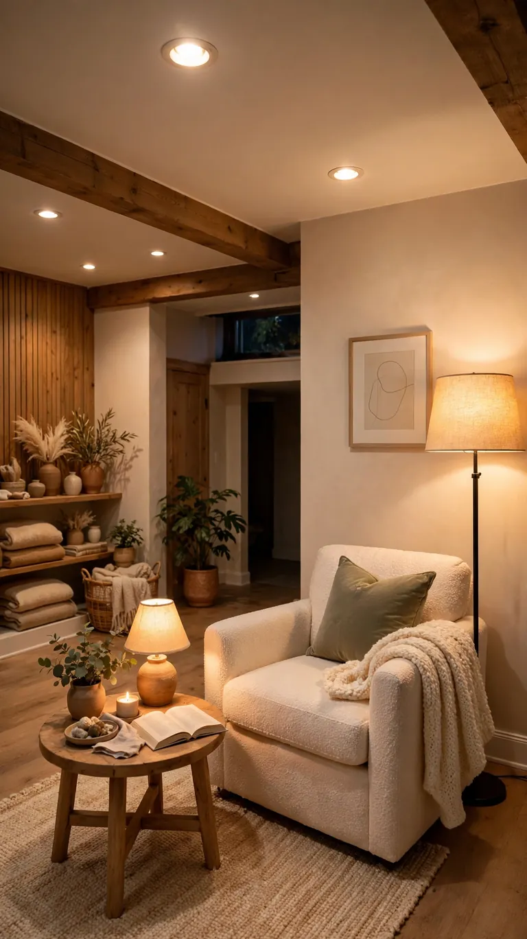 19 Small Basement Ideas to Make the Most of Any Space 4 Small basement with recessed ceiling lights, a floor lamp, and a table lamp creating layered lighting.