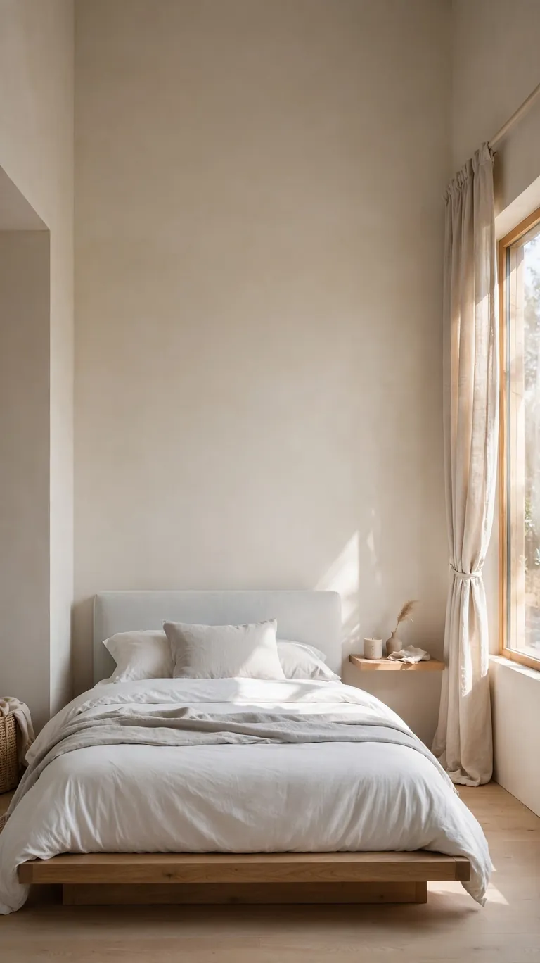 Low-profile platform bed in a small bedroom leaving plenty of wall visible above it.