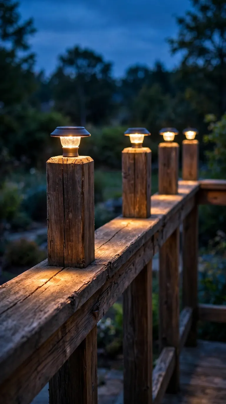Wooden deck railing posts topped with glowing solar cap lights at dusk.