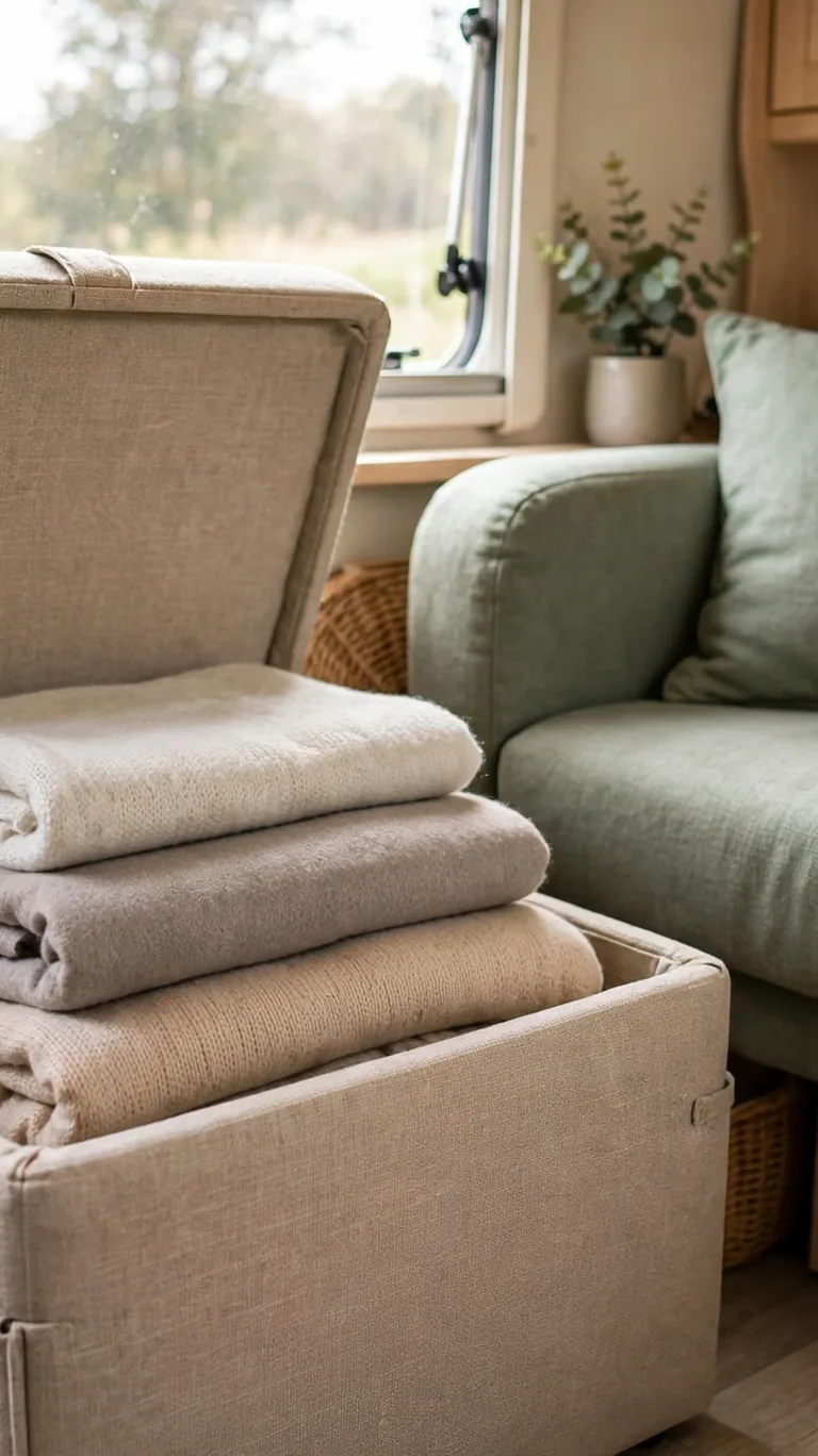 A compact fabric storage ottoman with its lid open, showing folded blankets inside a caravan lounge.
