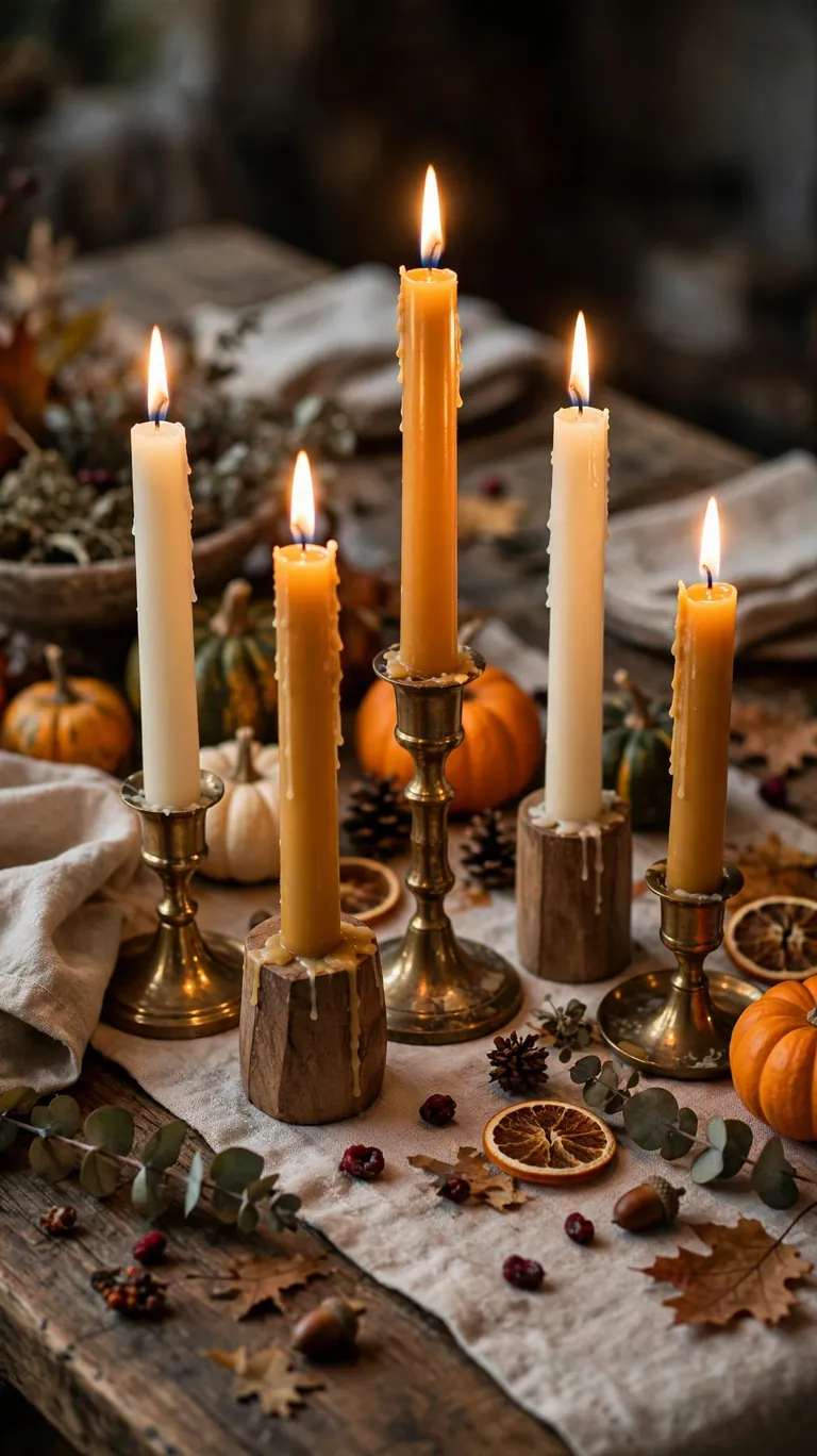 23 Beautiful Thanksgiving Decor Ideas for a Warm Holiday Home 4 Light Taper Candles in Warm Tones